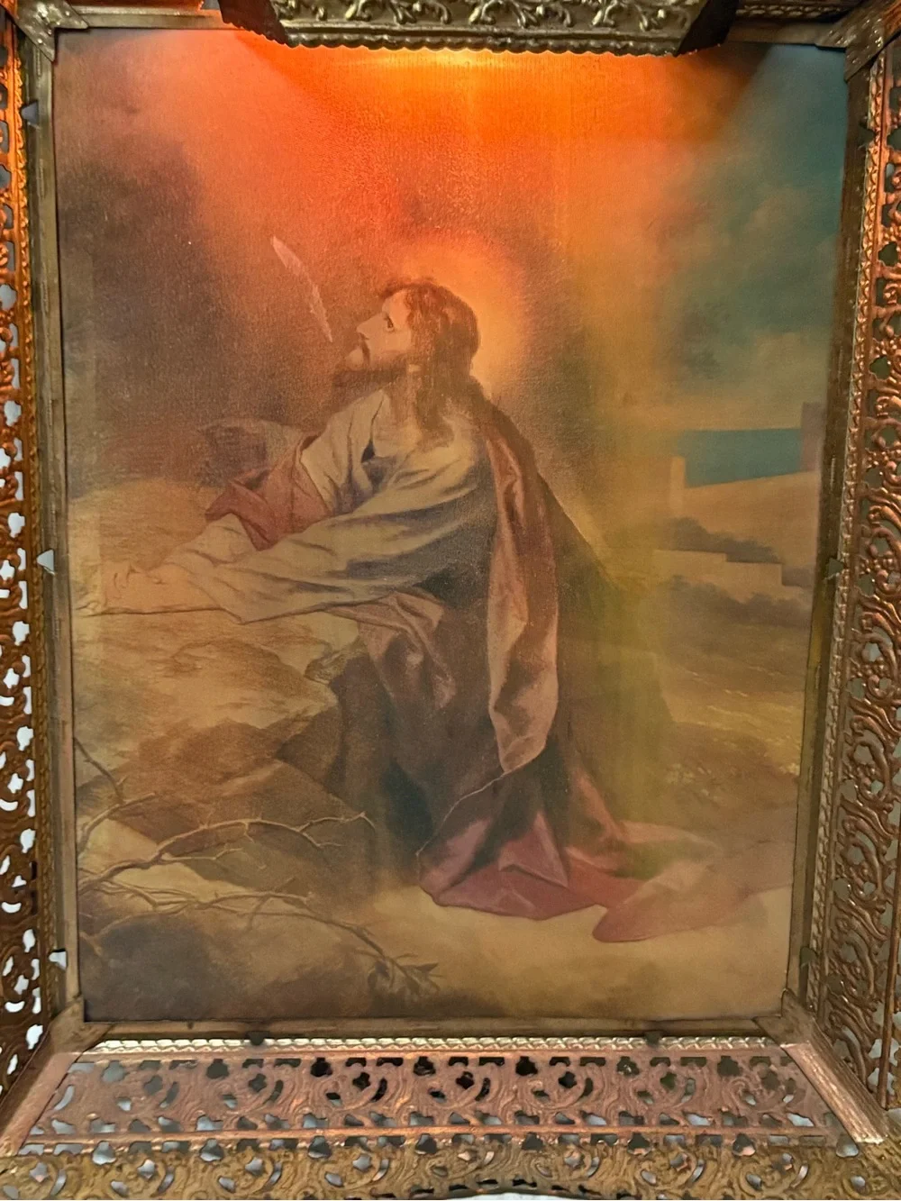 Vintage Antique Lighted 3D Hologram Jesus Lenticular Framed Metal Tested
